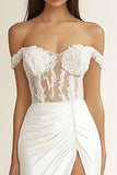 White Sheath Satin Appliqued Long Rehearsal Dinner Dress with Slit
