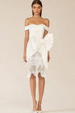 Sheath Satin Lace Knee Length Little White Dress with Bow