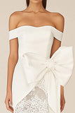 Sheath Satin Lace Knee Length Little White Dress with Bow