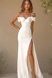 White Sheath Spaghetti Straps Long Rehearsal Dinner Dress with Slit
