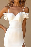 White Sheath Spaghetti Straps Long Rehearsal Dinner Dress with Slit