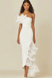 White Sheath Ruffled Long Rehearsal Dinner Dress