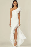 White Sheath Asymmetrical One Shoulder Rehearsal Dinner Dress with Ruffles