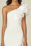 White Sheath Asymmetrical One Shoulder Rehearsal Dinner Dress with Ruffles