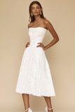 White A Line Strapless Tea Length Rehearsal Dinner Dress