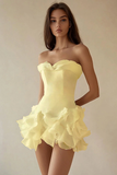 A Line Strapless Ruffled Mini Little White Dress