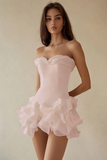 A Line Strapless Ruffled Mini Little White Dress