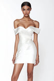 Satin Off the Shoulder Ruched Bodycon Little White Dress