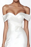 Satin Off the Shoulder Ruched Bodycon Little White Dress