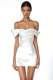 Satin Ruched Off the Shoulder Bodycon Mini Little White Dress