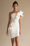 One Shoulder Sheath Mini Little White Dress with Ruffles