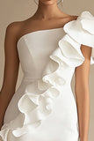 One Shoulder Sheath Mini Little White Dress with Ruffles
