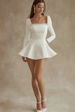 A Line Square Neck Mini Little White Dress with Long Sleeves