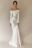 White Satin Off the Shoulder Sheath Maxi Rehearsal Dinner Dress with Sleeves