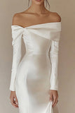 White Satin Off the Shoulder Sheath Maxi Rehearsal Dinner Dress with Sleeves