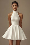 A Line Satin Sleeveless Halter Mini Little White Dress