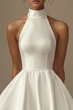 A Line Satin Sleeveless Halter Mini Little White Dress