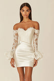 Satin Bodycon Sweetheart Mini Little White Dress with Lace