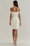 White Satin Bodycon Off the Shoulder Short Graduation Dress with Fringes