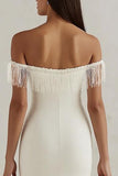 White Satin Bodycon Off the Shoulder Short Graduation Dress with Fringes