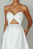 White Sweetheart A Line Satin Cut Out Graduation Dress with Slit