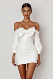White Bodycon Off the Shoulder Satin Mini Graduation Dress with Bow
