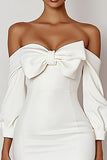 White Bodycon Off the Shoulder Satin Mini Graduation Dress with Bow