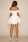 White A Line Off the Shoulder Ruffled Satin Mini Graduation Dress