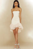 White Strapless Bodycon Ruffled Asymmetrical Graduation Dress