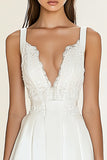 White V Neck Pleated Mini Graduation Dress with Lace