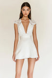White Deep V-Neck Mini Satin Graduation Dress with Lace