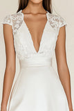 White Deep V-Neck Mini Satin Graduation Dress with Lace