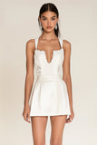 White Mini Deep V-Neck Satin Graduation Dress with Lace