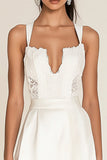 White Mini Deep V-Neck Satin Graduation Dress with Lace