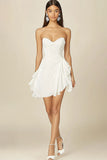 White Chiffon Strapless A Line Short Graduation Dress with Ruffles