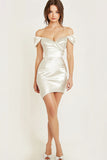 White Off the Shoulder Satin Mini Bodycon Graduation Dress