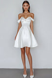 White Satin Sweetheart A Line Off the Shoulder Short Graduation Dress