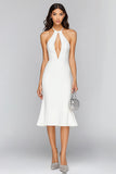 White Mermaid Halter Keyhole Satin Midi Graduation Dress