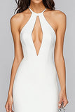 White Mermaid Halter Keyhole Satin Midi Graduation Dress