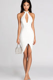 White Bodycon Satin Keyhole Asymmetrical Graduation Dress
