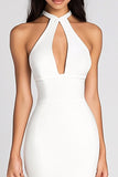 White Bodycon Satin Keyhole Asymmetrical Graduation Dress