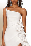 White Mini Bodycon One Shoulder Graduation Dress with Ruffles