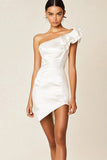 White Satin Bodycon One Shoulder Short Graduation Dress with Ruffles