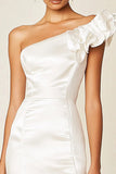 White Satin Bodycon One Shoulder Short Graduation Dress with Ruffles