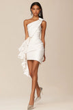 White Satin Bodycon Ruffled One Shoulder Short Graduation Dress