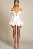 Cute White Bodycon Cold Shoulder Mini Graduation Dress with Lace