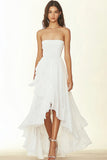 White A Line Chiffon Ruffled Strapless High Low Graduation Dress