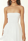 White A Line Chiffon Ruffled Strapless High Low Graduation Dress