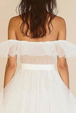 White Ruffled A Line Off the Shoulder Short Tulle Graduation Dress