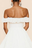 White A Line Chiffon Pleated Midi Graduation Dress with Ruffles